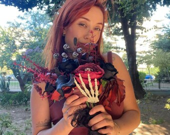 Gothic Wedding Bouquet with Skulls & Skeleton Hand, Black and Burgundy Bridal Flowers, Halloween Bride Bouquet