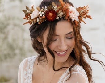 Burnt Orange Rustic Dried Flower Crown: Terracotta Handmade Boho Hair Wreath, Bouquet, Wedding Set