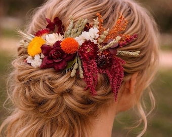 Claret Dried Flower Hair Comb: Rustic Bridal Hair Piece