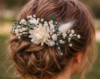 Rustic Dried Flower Hair Comb: White & Green Wedding Piece