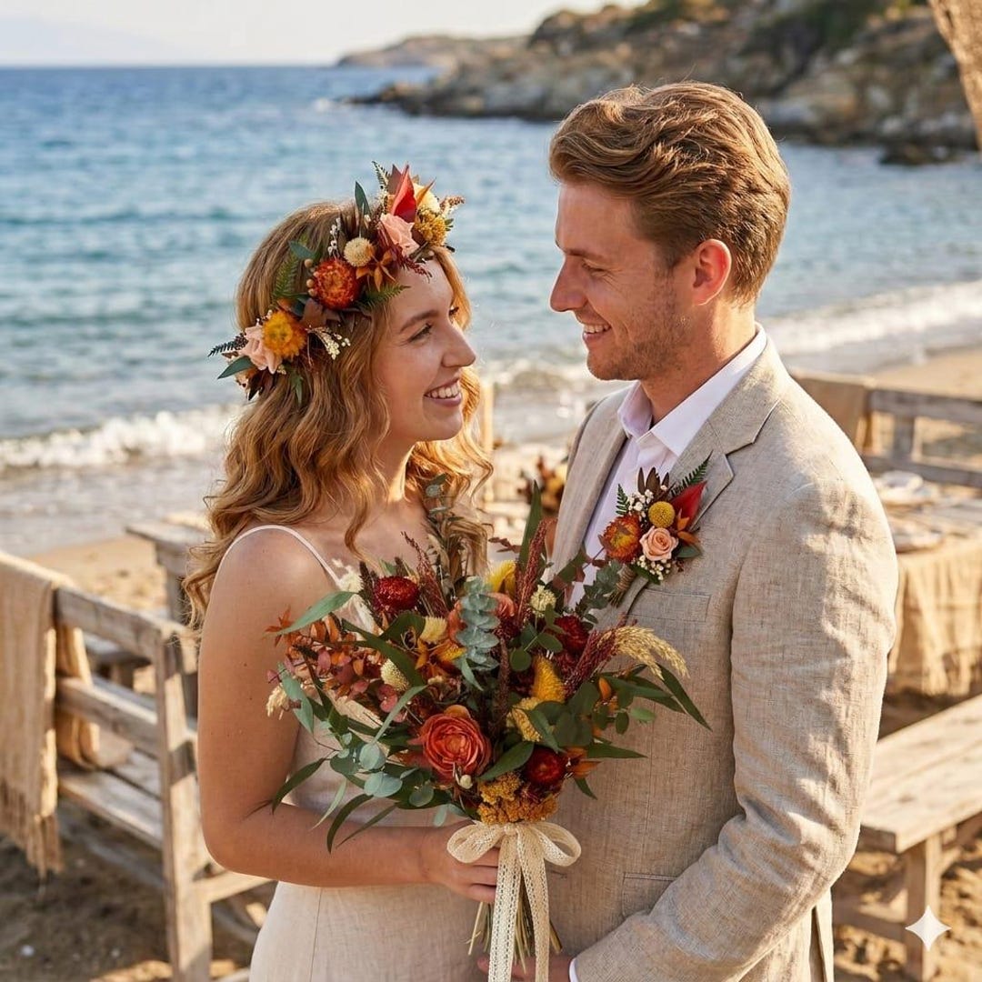 Autumn Wedding Flower Crown and Bouquet Set, Dried Flower Bridal