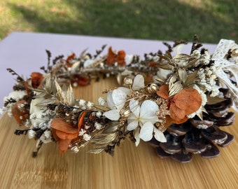 Gold Flowers Crown, Orange Dried Flowers Hair Accessories, Rustic&Boho Hair Wreath, Floral Crown, Bridesmaid Wreath, Bride Gift, Gold Leaves