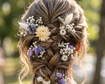Pastel Wildflower Wedding Hair Pins, Dried Flower Bridal Hair Piece Set, Babys Breath Bridesmaid Bobby Clips, Delicate Cottagecore Headpiece