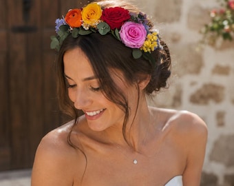 Frida Kahlo Flower Crown: Real Preserved Roses Headpiece, Colorful Mexican Floral Crown