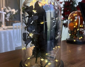 Preserved Black Rose Dome with Lights: Anniversary, Valentine's Day Flower