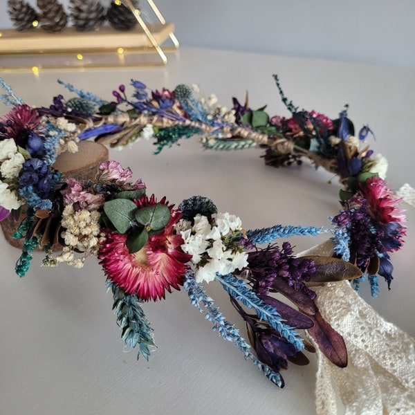 Vraies fleurs séchées couronne, couronne de cheveux de mariée bohème, couronne de mariage rustique, accessoire de cheveux fleurs séchées, couronne de cheveux de demoiselles d'honneur, casque