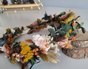 Corona de flores secas de otoño, regalo de flores de novia, corona de pelo rústico y boho, corona de dama de honor, accesorio para el cabello de compromiso, pasador de pelo de boda, corona