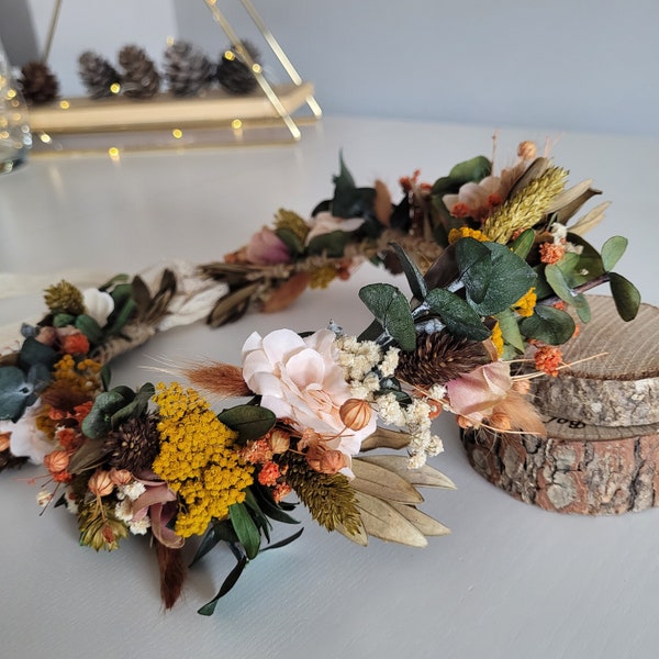 Couronne de fleurs séchées d'automne, cadeau de fleurs pour la mariée, couronne de cheveux rustique et bohème, couronne de demoiselle d'honneur, accessoire de cheveux de fiançailles, épingle à cheveux de mariage, couronne