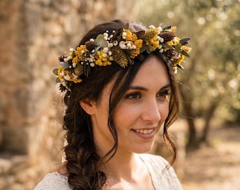 Autumn Yellow Dried Flower Crown: Rustic Boho Hair Wreath for Bride and Bridesmaid
