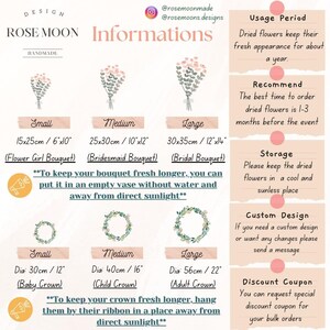 Pode incluir: Um gr&aacute;fico informativo da Rose Moon Handmade com ramos e coroas de flores secas em tamanhos pequeno, m&eacute;dio e grande. Inclui dimens&otilde;es em cent&iacute;metros, per&iacute;odos de uso, instru&ccedil;&otilde;es de armazenamento e op&ccedil;&otilde;es de design personalizado.