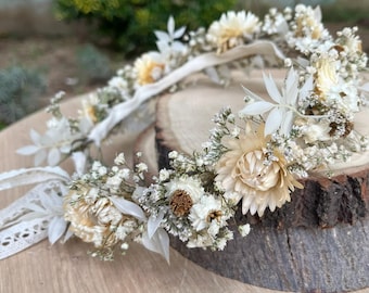 White Cream Dried Flower Crown: Romantic Bridal Floral Headpiece, Ivory Wedding Hair Wreath