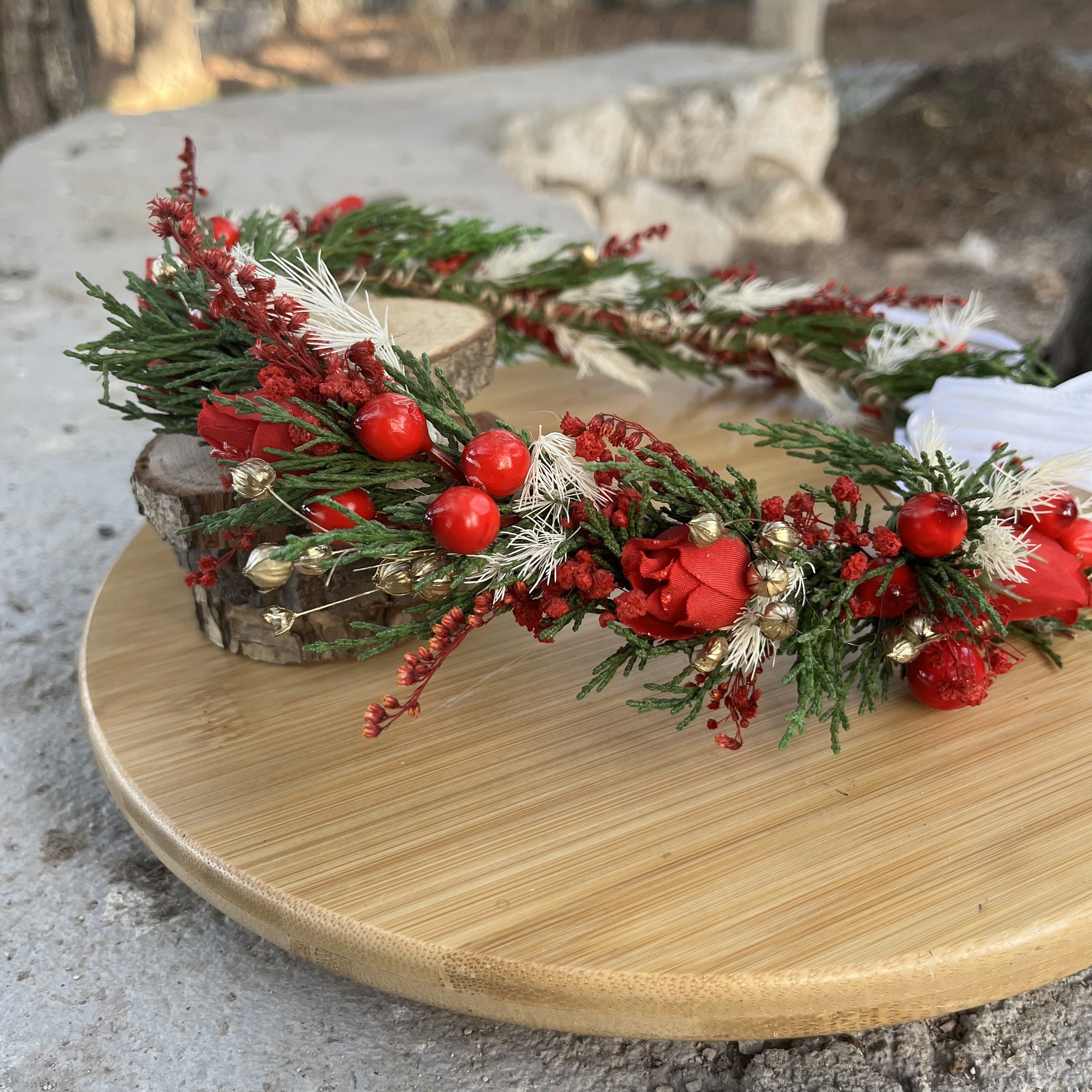 Christmas Flower Crown: Red, Green, and Gold Holiday Hair Wreath