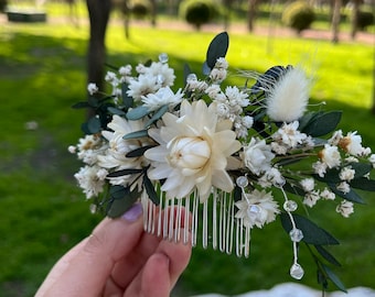 Rustic White Green Dried Flowers Hair Comb, Decorative Hair Comb, Natural Wedding Flowers Hair Piece, Bridesmaids Comb, Bride Gift, Hair Pin