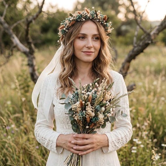 Rustic Dried Flower Crown: Handmade Boho Wedding Hair Wreath