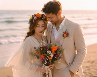 Wildflower Bridal Set, Dried Flower Crown, Bridal Bouquet, Boutonniere, Colorful Boho Wedding Flowers