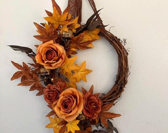 Lit Halloween Skull Wreath, Fall Door Wreath with Orange Roses, Gothic Autumn Flowers, Spooky Thanksgiving Front Door Decor