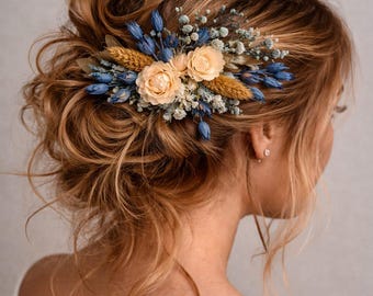 Blue & White Dried Flower Hair Comb: Boho Bridal Headpiece