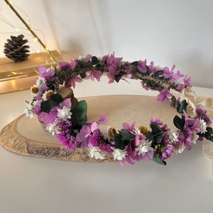 Corona di fiori lilla: corona per capelli da sposa con fiori veri essiccati
