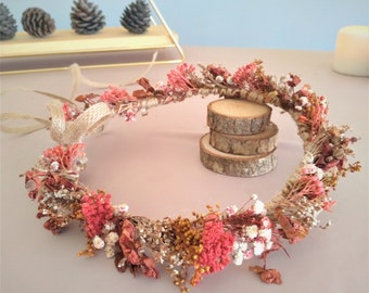 Boho Red Color Wedding Dried Flower Crown: Rustic Floral Wreath