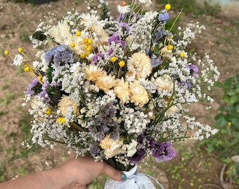 Pastel Wildflower Wedding Bouquet, Dried Lavender and Yellow Bridal, Cottagecore Flower Girl Bouquet, Real Baby's Breath Florals