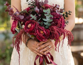 Burgundy Bridal Bouquet, Preserved Amaranthus & Eucalyptus Wedding Flowers, Dark Red Silk Peony Bridesmaid Bouquet