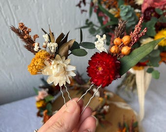 Burnt Dried Flower Hair Pin: Handmade Rustic Wedding Accessory
