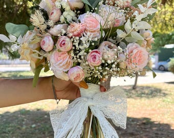 Pink & White Rose Romantic Wedding Bouquet: Rustic Bridal Flowers