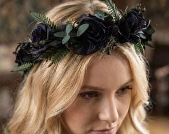 Black Gothic Flower Crown: Dark Wedding Floral Headpiece, Handmade Witchy Accessory