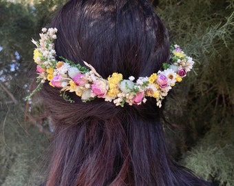 Boho Colorful Dried Flower Half Crown: Rustic Wedding Hair Wreath
