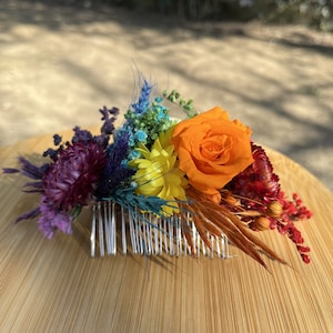 Rainbow Dried Flower Hair Comb, Pressed Flowers, Colorful Hair Comb, Wedding Hair Accessory, Child Girl Hair Piece, Engagement Headpiece