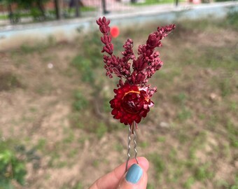 Burgundy Bridal Hair Pin, Dried Flower Wedding Hair Piece, Dark Red Boho Bridesmaid Clip