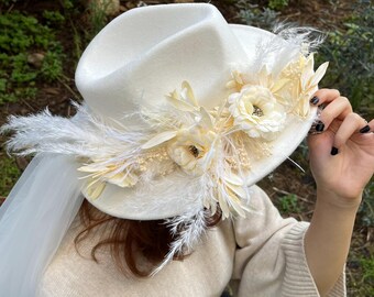 Floral Wedding Hat With Veil: Dried White Flowers, Rustic  display picture 3