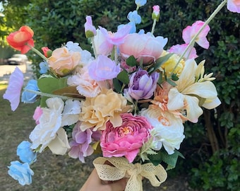 Premium Silk Wedding Bouquet, Faux Peony and Poppy Bridal Bouquet, Pastel Colorful Bridesmaid Flowers
