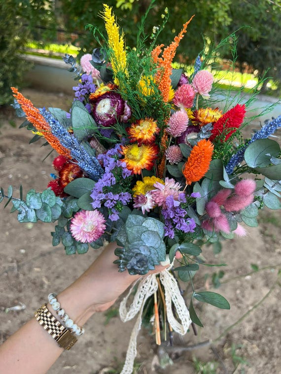 Rustic Colorful Dried Flower Bouquet: Boho Wedding Decor - Etsy
