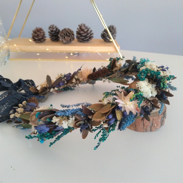 Blue Dried Flower Crown, Bridesmaid Flowers, Rustic&Boho Wedding, Bride Hair Accessory, Engagement Wreath, Bridal Shower Crown