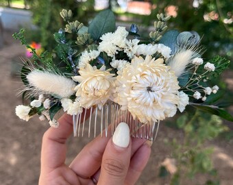 Rustic Eucalyptus Bridal Hair Comb: Dried White Flowers