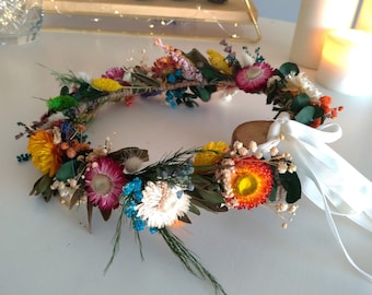Colorful Dried Flower Crown: Rustic Boho Wedding Hair Wreath