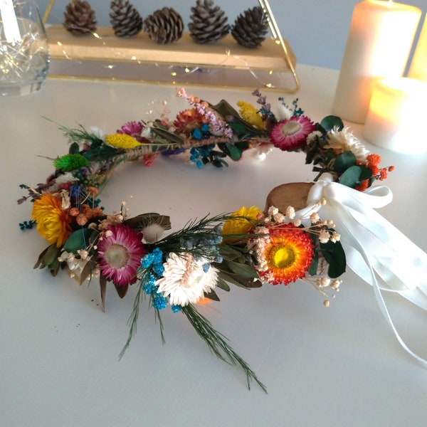 Colorful Dried Flower Crown, Wedding Gift Flowers, Bride Hair Accessory, Rustic&Boho Hair Crown, Bridesmaid Wreath, Boho Wedding Hair Pin