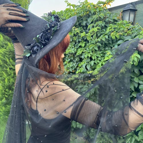 Halloween Black Witch Hat With Black Flower Wreath & Pearly  display picture 3