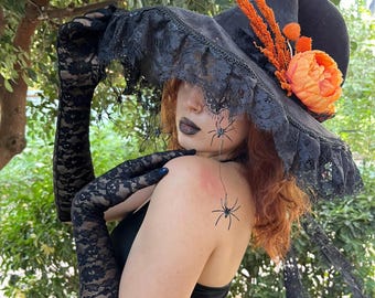 Halloween Black Witch Ha Costume: Spider & Orange Flower Decor, Gothic Costume Accessory