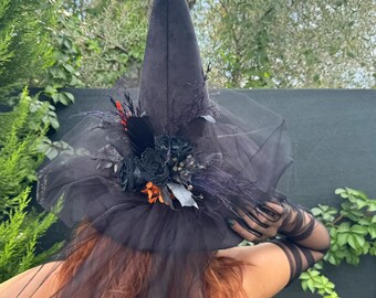Black Witch Hat With Black Roses & Tulle Veil - Gothic  display picture 3