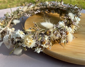 Natural White Dried Flower Crown: Rustic Boho Wedding Hair Wreath