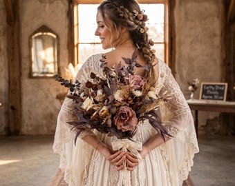Rustic Brown Flowers Wedding Bouquet, Dried and Silk Rose, Vintage Boho, Terracotta Autumn Bridesmaid