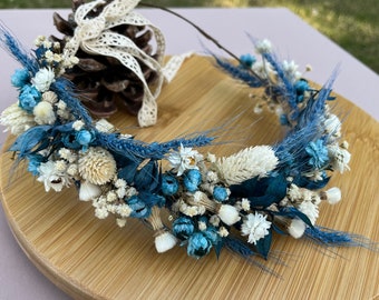 Demi couronne de fleurs séchées bleues, demi-guirlande de cheveux à fleurs, mariage rustique et bohème, accessoire de cheveux de mariée, fleur bleue, baby shower, cadeau de demoiselle d'honneur