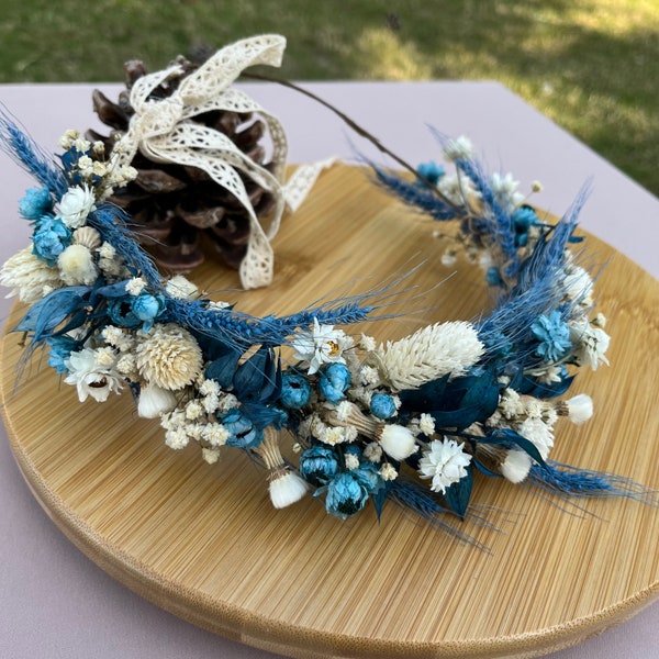 Blue Dried Flower Half Crown, Floral Hair Half Wreath,Rustic&Boho Wedding, Bride Hair Accessory, Blue Flower, Bridal Shower, Bridesmaid Gift