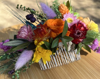 Peine de pelo de flores secas de colores, flores reales, peine de pelo de boda, accesorio de pelo de novia, pieza de pelo de niña, tocado de compromiso, regalos