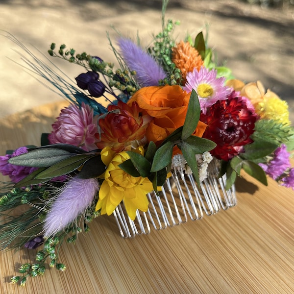 Colorful Dried Flower Hair Comb, Real Flowers, Wedding Hair Comb, Bride Hair Accessory, Child Girl Hair Piece, Engagement Headpiece, Gifts