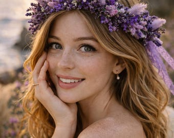 Purple Dried Flower Crown: Rustic Boho Bridal Hair Wreath