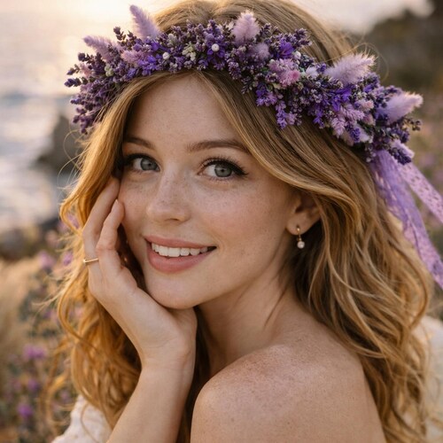 Purple Dried Flower Crown: Rustic Boho Bridal Hair Wreath