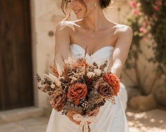 Burnt Orange Bridal Bouquet, Terracotta Dried and Artificial Flower Wedding Bouquet, Rustic Fall Boho Bride Flower, Terracotta Wedding